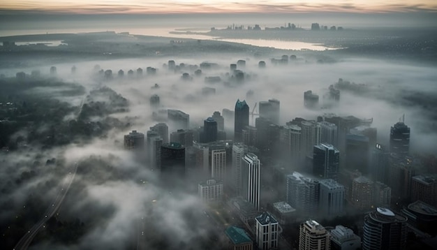 Sylwetka panoramy miasta oświetlona jesiennym zachodem słońca wygenerowana przez sztuczną inteligencję