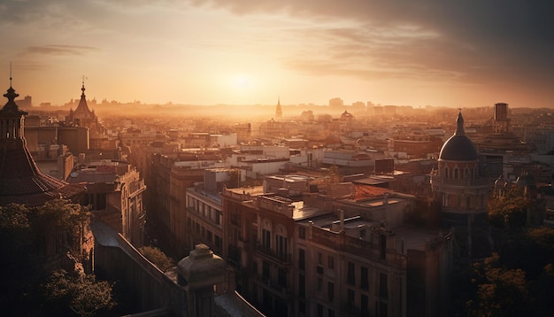 Bezpłatne zdjęcie sylwetka panoramy miasta podświetlona przez zachód słońca wygenerowana przez sztuczną inteligencję