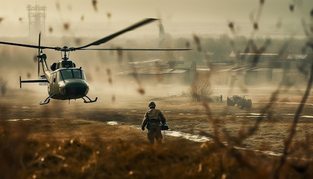 Bezpłatne zdjęcie sylwetka sił zbrojnych pilotujących helikopter na zewnątrz, wygenerowana przez sztuczną inteligencję