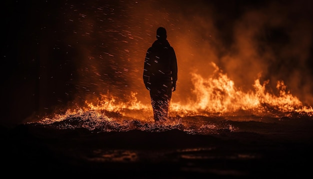 Bezpłatne zdjęcie sylwetka stojąca w świecącym piekle rozpylającym płomienie generowane przez sztuczną inteligencję