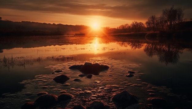 Bezpłatne zdjęcie sylwetka zachodu słońca nad spokojnymi wodami, piękno przyrody generowane przez sztuczną inteligencję