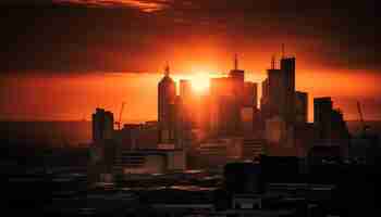 Bezpłatne zdjęcie sylwetki drapaczy chmur oświetlają panoramę miasta o zachodzie słońca generowaną przez sztuczną inteligencję