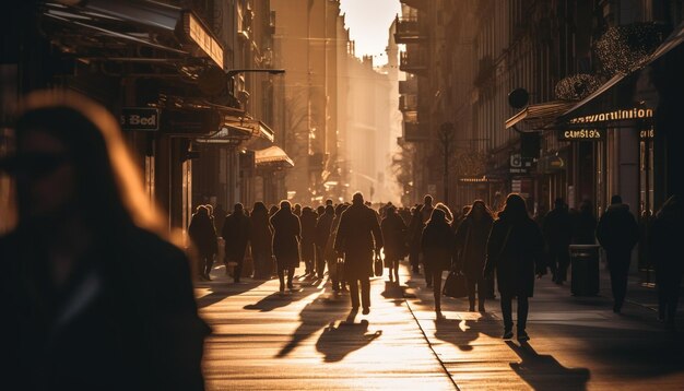 Sylwetki pędzą przez zatłoczone ulice miasta o zmierzchu generowane przez sztuczną inteligencję