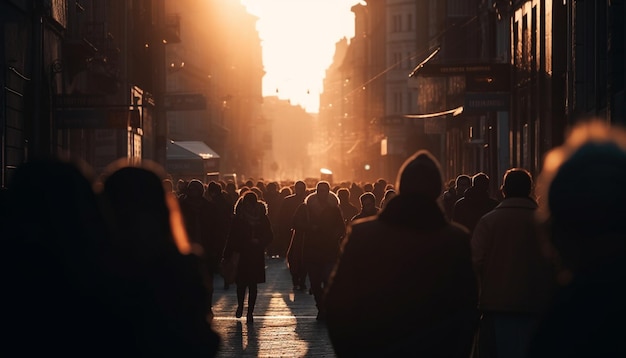 Bezpłatne zdjęcie sylwetki turystów spacerujących po zatłoczonych ulicach miasta generowane przez sztuczną inteligencję