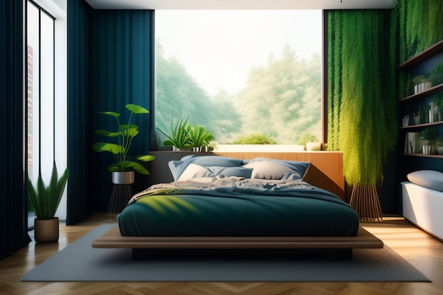 Sypialnia z dużym oknem z zielonymi zasłonami i zieloną zasłoną z napisem „zielony”