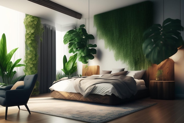 Bezpłatne zdjęcie sypialnia z łóżkiem i roślinną ścianą.