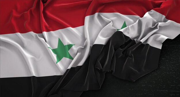 Syrii Flag Zgnieciony Na Ciemnym Tle Renderowania 3D