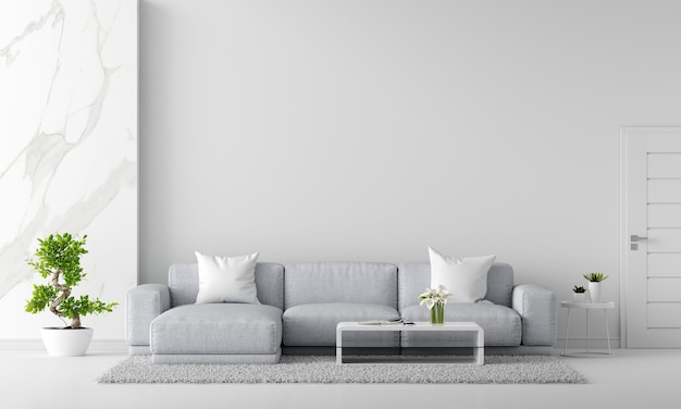 Szara sofa w białym salonie wnętrza z kopią przestrzeni renderowania 3D