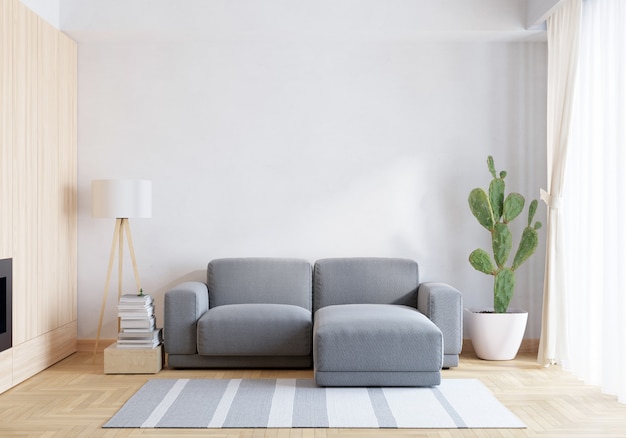 Szara sofa w białym salonie