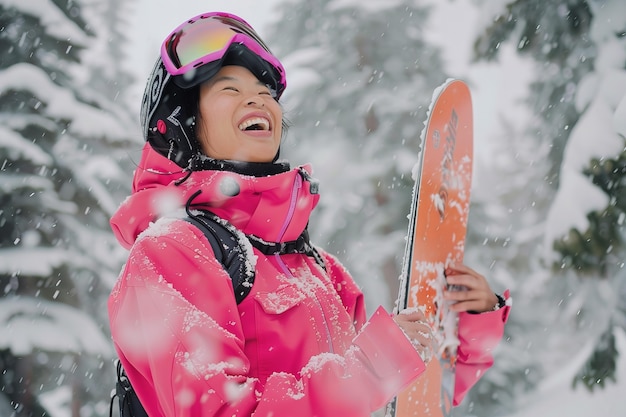 Bezpłatne zdjęcie szczęśliwa kobieta cieszy się snowboardem.