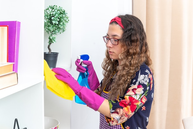 Szczęśliwa kobieta w gumowych rękawiczkach wyciera białe półki żółtą szmatką za pomocą sprayu do czyszczenia w domu w jasnym salonie