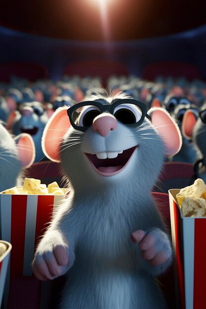 Szczur w kinie oglądający film z popcornem