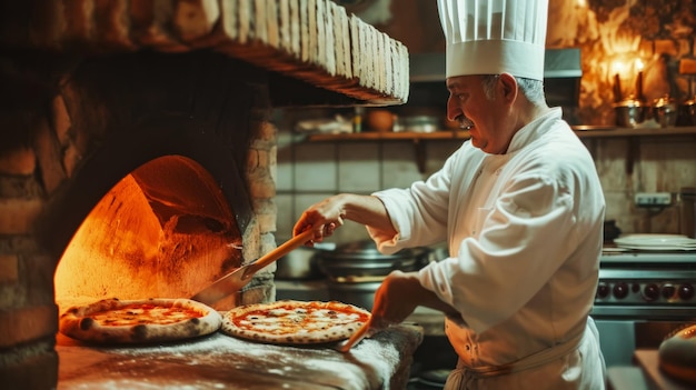 Szef kuchni wyjmujący pizzę z pieca opalanego drewnem w starej kawiarni w centrum miasta, mała lokalna firma