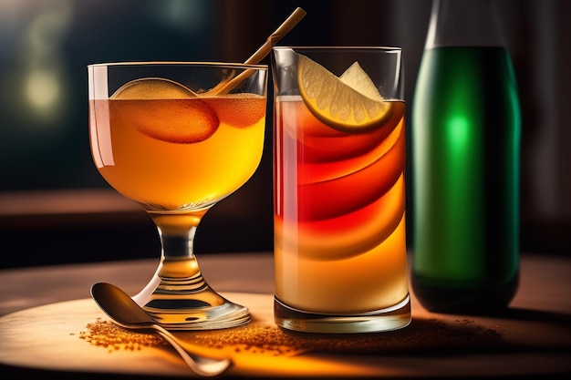 Szklanka cydru jabłkowego i butelka alkoholu leżą na stole.