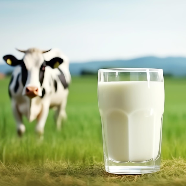 szklanka mleka i obraz wygenerowany przez AI krowy