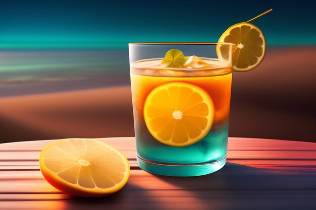 Szklanka soku pomarańczowego z plasterkiem cytryny na stole.