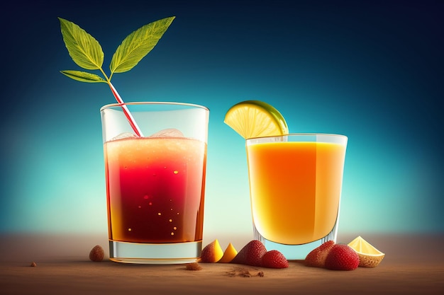 Bezpłatne zdjęcie szklanka soku ze słomką obok i filiżanka soku pomarańczowego.