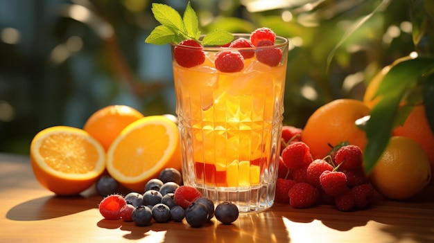 Bezpłatne zdjęcie szklanka świeżego soku jest otoczona żywymi jagodami i cytrusami