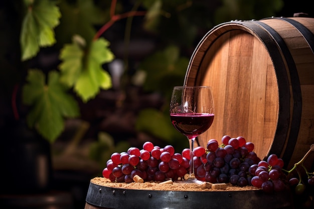 Szklanka wina i winogron w drewnianych beczkach.