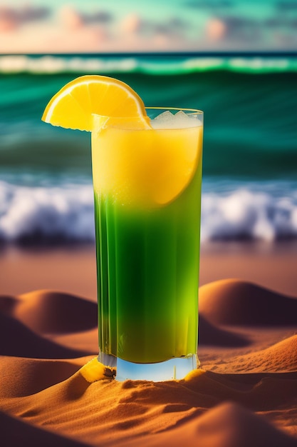 Bezpłatne zdjęcie szklanka zielonego i żółtego koktajlu z plasterkiem pomarańczy na plaży.