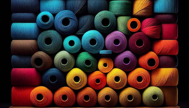Bezpłatne zdjęcie szpule wielobarwnej nici na materiale tekstylnym generowane przez sztuczną inteligencję