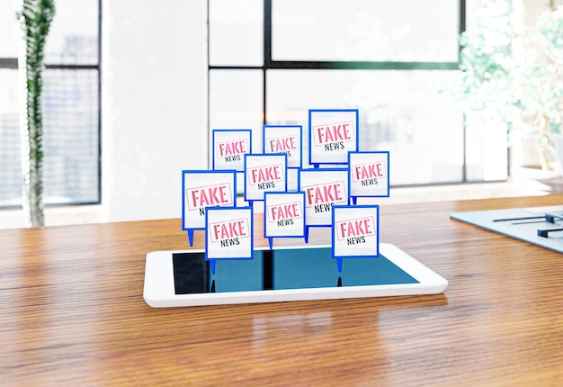 Bezpłatne zdjęcie tablet na stole z fałszywymi wiadomościami