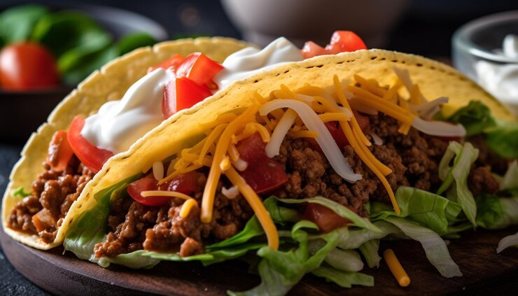Bezpłatny plik Zdjęcie taco z tacos wołowymi na drewnianej desce