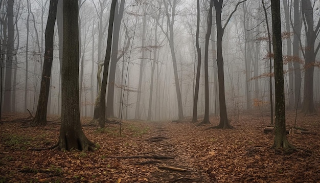 Bezpłatne zdjęcie tajemnicza jesienna leśna mglista ścieżka upiorne piękno generowane przez sztuczną inteligencję