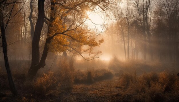 Tajemnicza mgła dryfuje przez jesienną leśną scenerię generowaną przez sztuczną inteligencję