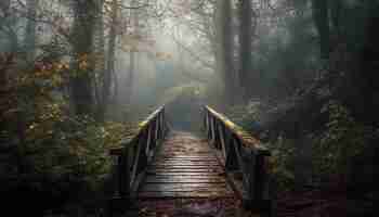 Bezpłatne zdjęcie tajemnicza mgła spowija piękno jesiennego leśnego krajobrazu wygenerowanego przez sztuczną inteligencję