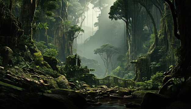 Tajemnicza mgła spowija spokojny tropikalny las deszczowy, odsłaniając urzekające piękno natury generowane przez sztuczną inteligencję
