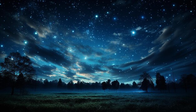 Tajemnicze nocne niebo oświetla spokojny, gwiaździsty krajobraz generowany przez sztuczną inteligencję