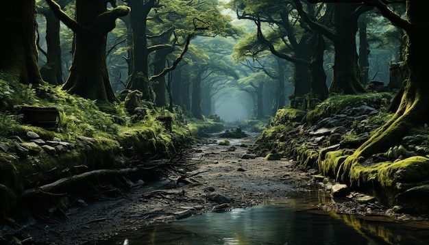 Bezpłatne zdjęcie tajemniczy ciemny las wilgotny mgłą kryje w sobie starożytne naturalne piękno generowane przez sztuczną inteligencję