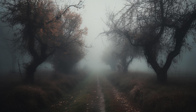 Tajemniczy las jesienią, straszny i ciemny, generowany przez sztuczną inteligencję