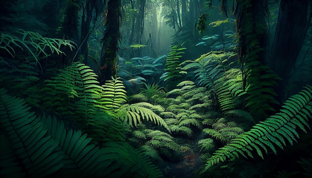 Tajemniczy tropikalny las deszczowy lśni bujną zielenią generowaną przez sztuczną inteligencję