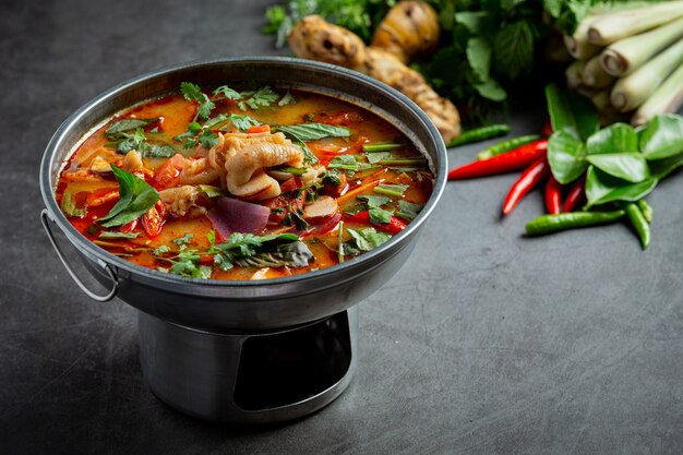 Tajskie jedzenie. pikantna zupa ze ścięgien z kurczaka.
