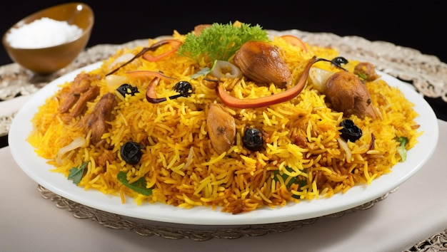 Talerz biryani z garścią jedzenia