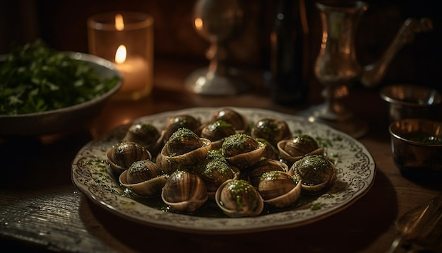Bezpłatne zdjęcie talerz ślimaków z zielonym proszkiem