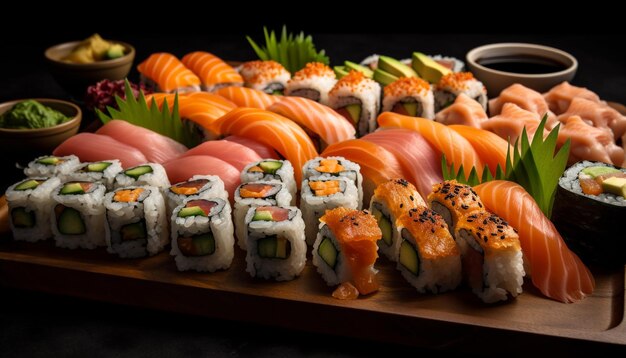 Talerz świeżych owoców morza z sushi sashimi i wasabi wygenerowany przez sztuczną inteligencję