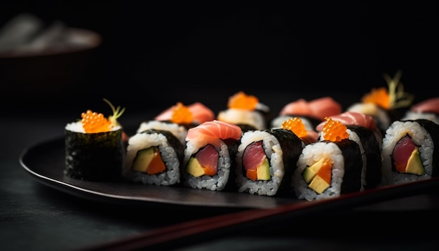 Talerz ze świeżymi owocami morza Maki sushi nigiri sashimi wygenerowany przez sztuczną inteligencję
