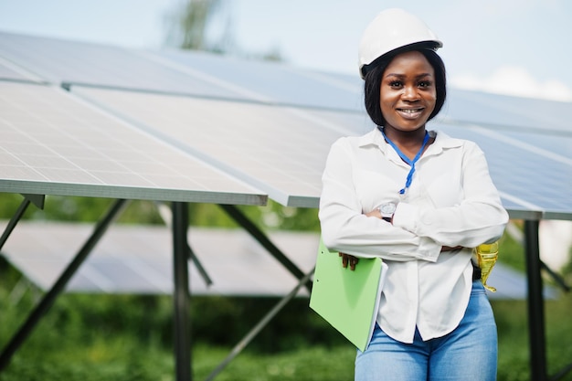 Technik Z Afroamerykanów Sprawdza Konserwację Paneli Słonecznych Inżynier Z Czarną Kobietą Przy Stacji Solarnej