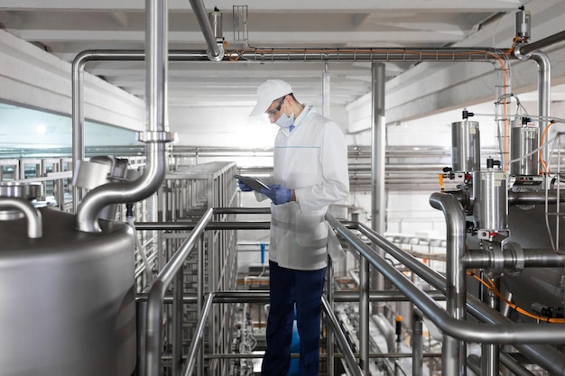 Technolog w białej szacie, rękawiczkach i masce, trzymający tablet i stojący w pobliżu bedonowej fabryki nabiału Inspektor sprawdza wydajność na zakładzie produkcyjnym