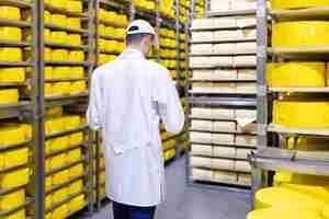 Bezpłatne zdjęcie technolog w białym fartuchu jest w magazynie serów w sklepie do produkcji masła i sera kontrola jakości w mleczarni regały z serem