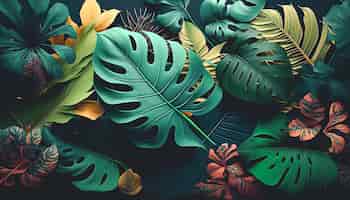 Bezpłatne zdjęcie tekstura tło z różnymi egzotycznymi liśćmi generatywnymi al
