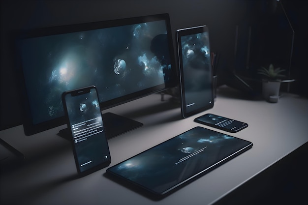 Telefon komórkowy i tablet PC na stole w ciemnym pokoju renderowanie 3D