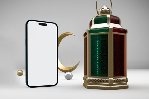Telefon Ramadan 14 Pro i latarnia po lewej stronie w białym tle