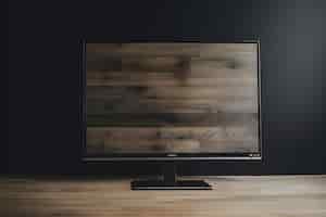 Bezpłatne zdjęcie telewizor na czarnej ścianie z drewnianą podłogą mock up 3d rendering