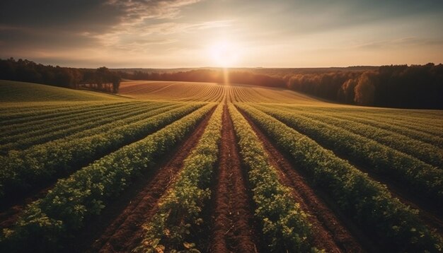 Tętniąca życiem łąka kwitnie pod spokojnym niebem o zachodzie słońca generowanym przez sztuczną inteligencję