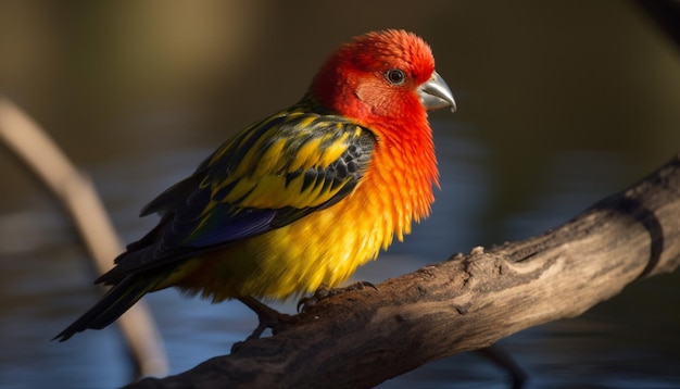 Bezpłatne zdjęcie tętniąca życiem lorikeet siedząca na wielobarwnej gałęzi wygenerowanej przez sztuczną inteligencję