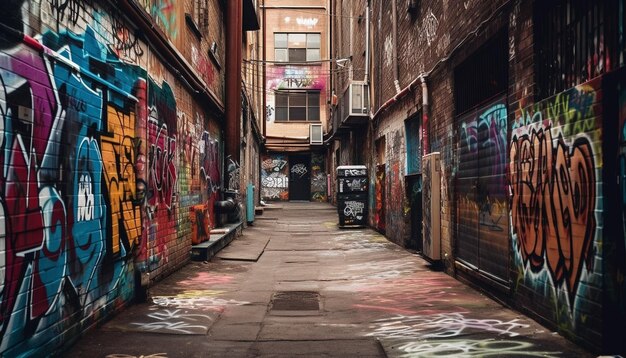 Tętniące życiem miejskie graffiti oświetla nowoczesną architekturę generowaną przez sztuczną inteligencję